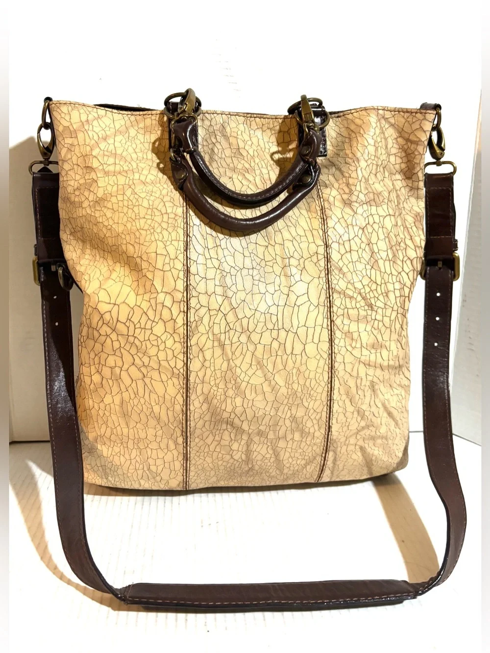 Beige Cracked-Texture Tote Bag leather with Dark Brown Trim